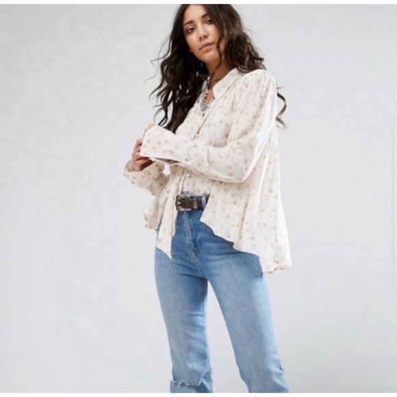 Free People Modern Muse floral tie-neck button-down blouse in cream/yellow‎ XS - Picture 2 of 10